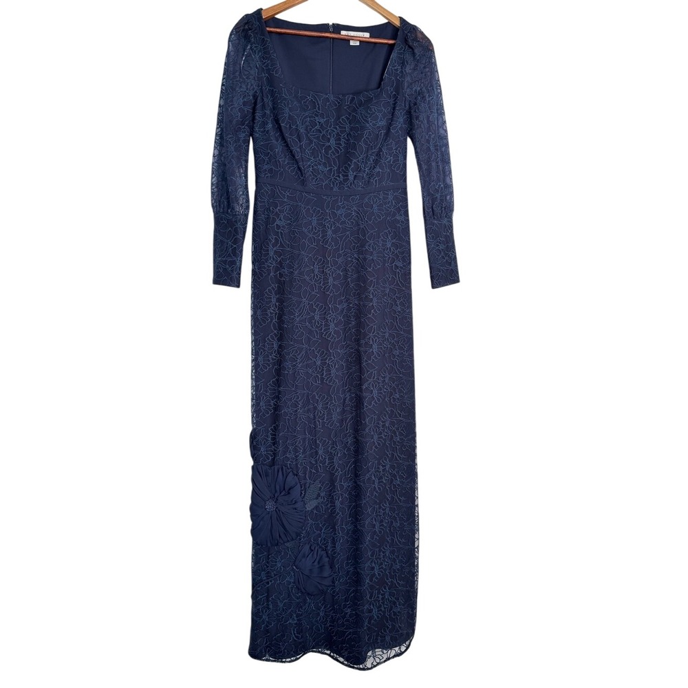 Kay Unger Navy Lace Column Gown Long Sleeve Mother of Bride Dress 6 NWOT